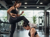 高级健身房里的美女教练训练学员（女女）